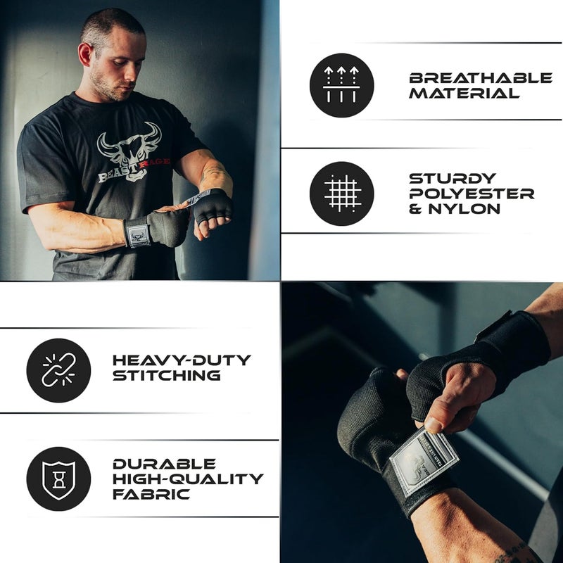 BEAST RAGE Inner Gloves with Hand Wraps Quick Wrap Long 36" Wrist Support MMA Muay Thai Bandages Punching Martial Arts Training Men Women Kickboxing Bandages Under Bag Gloves - Image 4